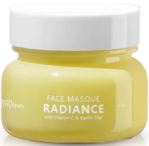 Gul ansigtsmaske beholder med hvid låg, mærket 'Radiance' med vitamin C og Kaolin ler.