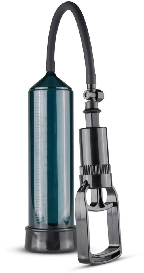 A large black and clear adult toy with a handle, tube, and flexible hose for use.