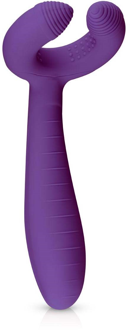 Purple eye massager with curved, ribbed ends and a handle for gripping.