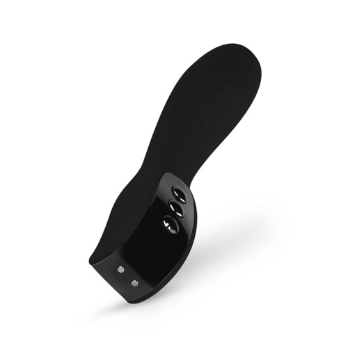 A black wearable device with two circular buttons and a small white dot, curved design for fitting on the body.