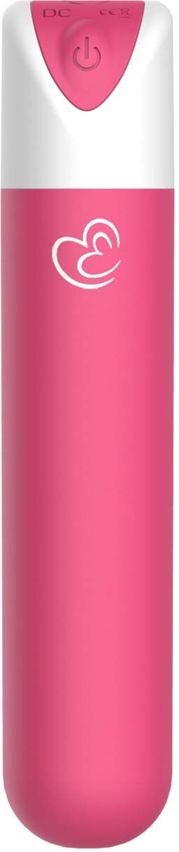 A pink and white electronic device with a power button and a heart logo on the surface.