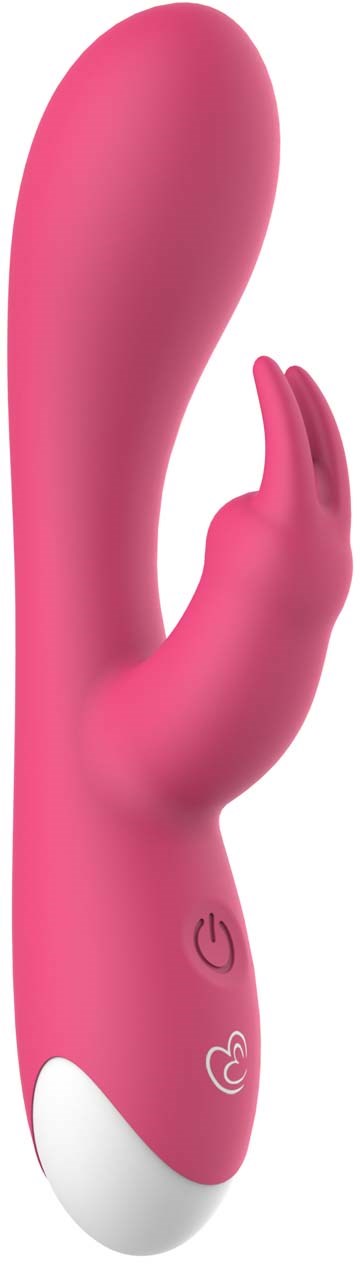 Pink vibrator with a small hand shape attached, buttons at the base, and a curved design.