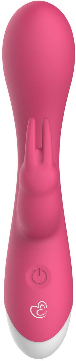 A pink, rabbit-shaped vibrator with a power button and heart symbol on the base.