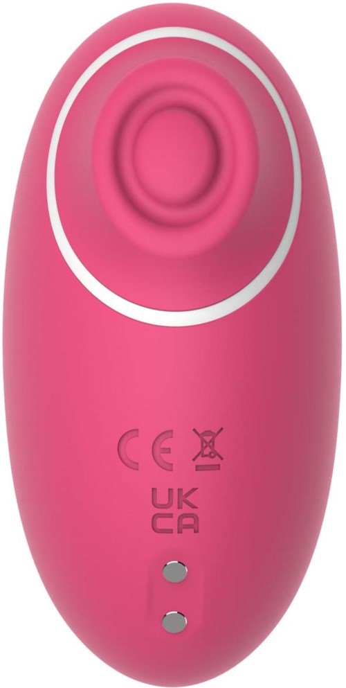 A pink, oval-shaped device with a circular button or ring on top and two small buttons below.