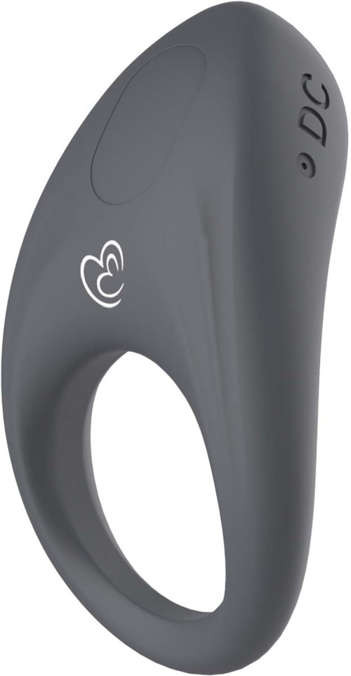 A grey device with a ring handle, the logo with a heart and ear, and the words 'DC' on it.