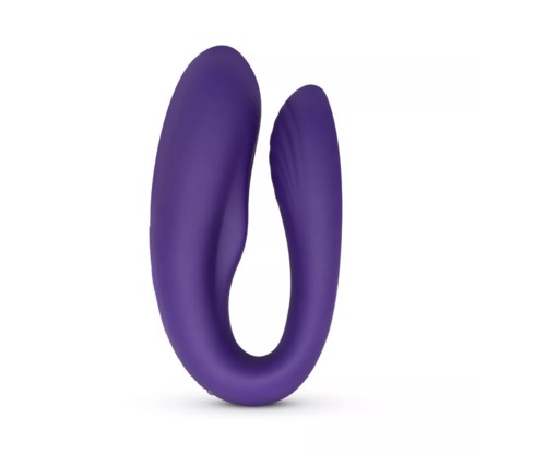 A purple, U-shaped silicone toy with two arms, designed for adult pleasure.