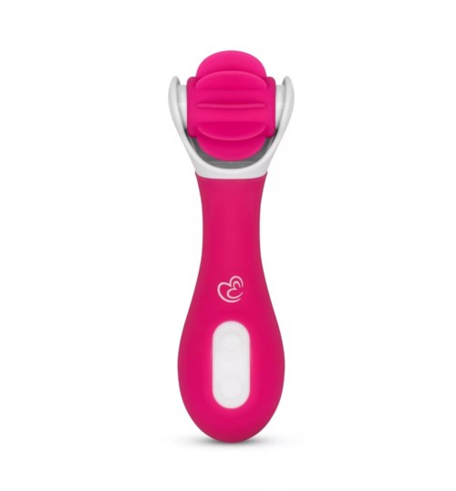 A pink electric facial roller with a round, textured stone and white accents on the handle.