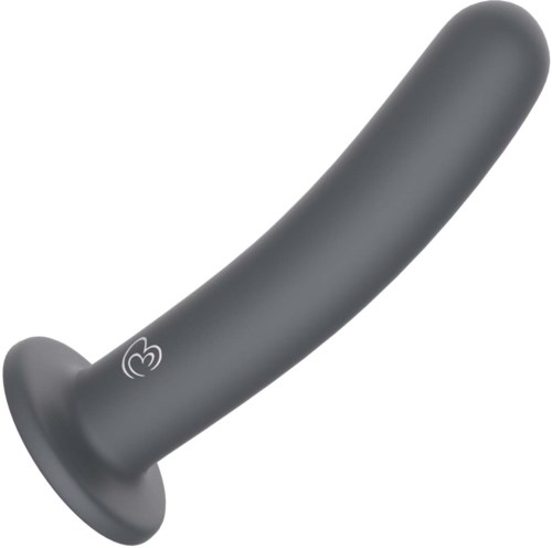 A gray, curved sex toy with a round base and a small heart symbol on it.