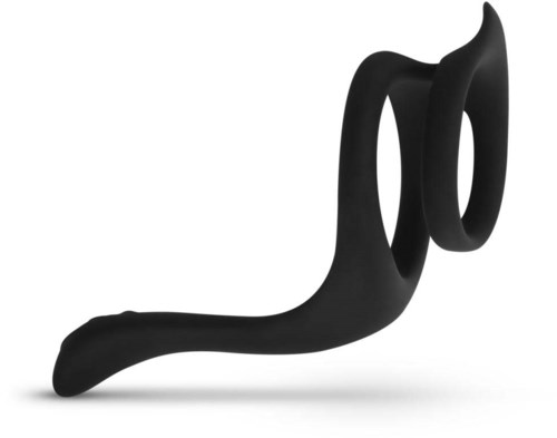 A black silicone object with loop and hook shapes, designed for adult use.