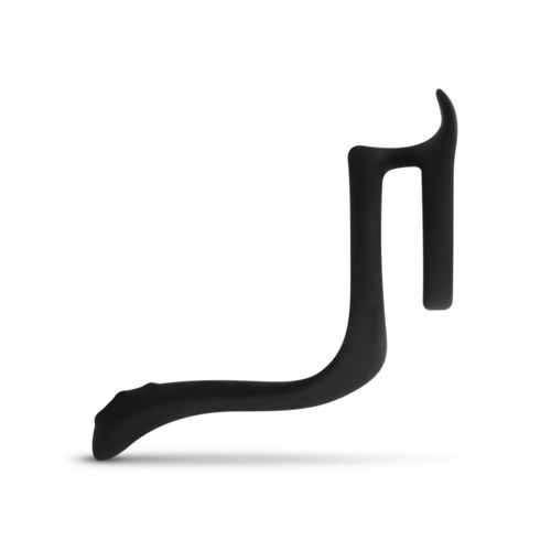 A black, curved object with a hook-like end, possibly a tool or a piece of equipment.