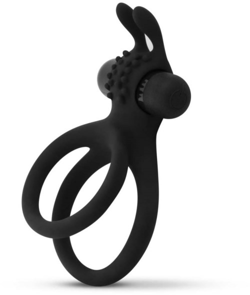 A black silicone ring with bunny ears and textured area, designed for stimulation. It has a small rotating part.