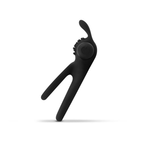 A black, modern wearable device with a curved shape and a small control button, looks sleek and techy.