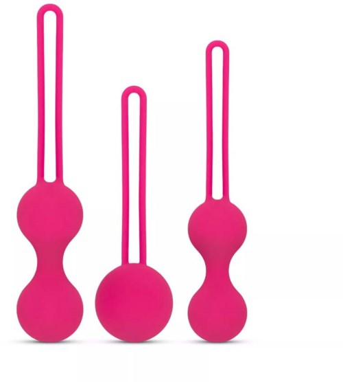 Three pink, flexible, double-ended tools with long handles and round ends, designed for intimate use.
