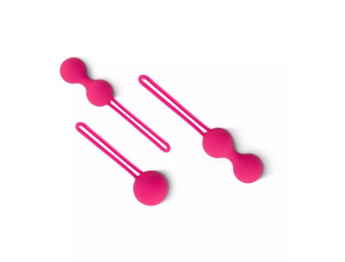 Two pink anal plugs with rounded tips and long, thin shafts.