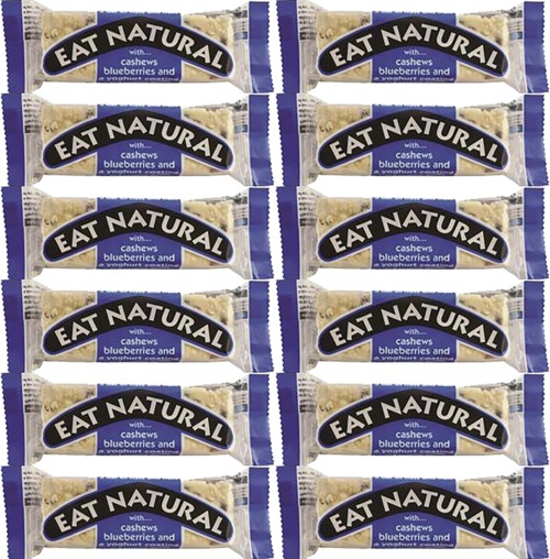 Eight snack bars with blueberries, cashews, and vanilla flavor are stacked in two columns.
