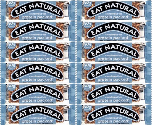 Multiple snack bars labeled 'EAT NATURAL' with 'protein packed' and 'crunchy nut bar' text. Blue and black colors.