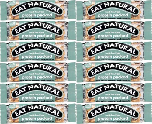 Logo for 'Eat Natural' fruit and nut bar, highlighting protein, with salted caramel and peanuts.