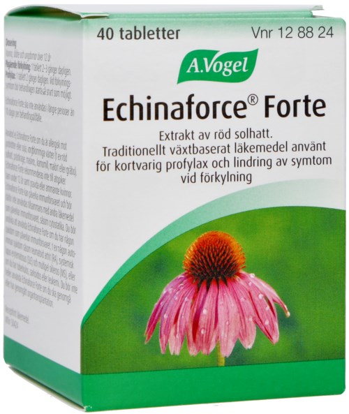 Förpackning med örtmedicin tablets med en rosa blomma och grön bakgrund, märkt för lindring av förkylningssymtom.