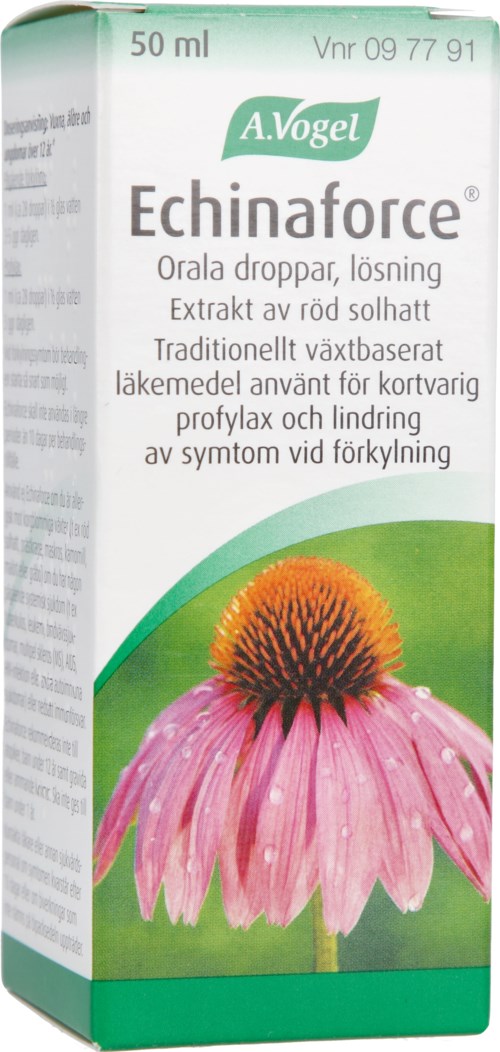 En låda märkt Echinaforce med en rosa blomma och grön bakgrund, innehåller örtmedicin droppar mot förkylning.