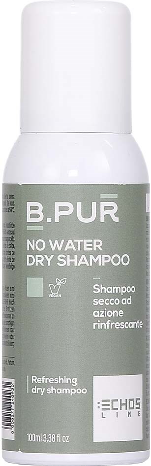 Valkoinen pullo harmaalla etikettillä, merkiltään B.PUR No Water Dry Shampoo, 100ml, raikastava kuiva sampoo.