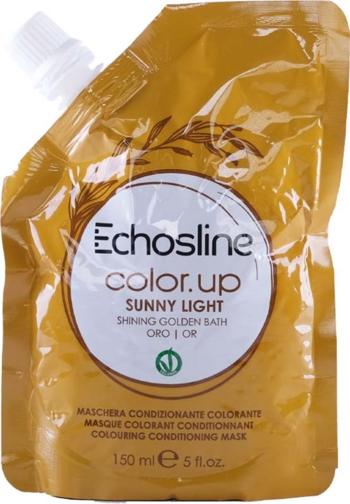 En gul påse med Echosline Color.up Sunny Light konditioneringsfärg, 150 ml eller 5 fl oz.