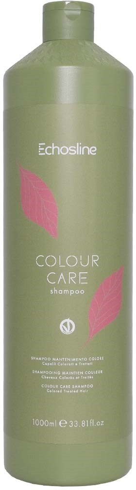 En grön flaska med Echosline Colour Care schampo med rosa bladdesign och vit text. Den rymmer 1000 ml.