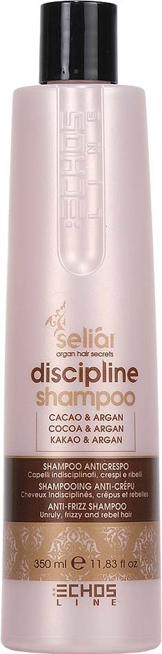 En lang, rosa sjampo flaske med svart lokk, merket som anti-frizz med kakao og argan.