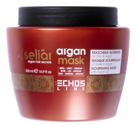 A red jar labeled 'Seliar Argan Hair Secrets' with a black lid, promoting nourishing hair mask by Echo Line.