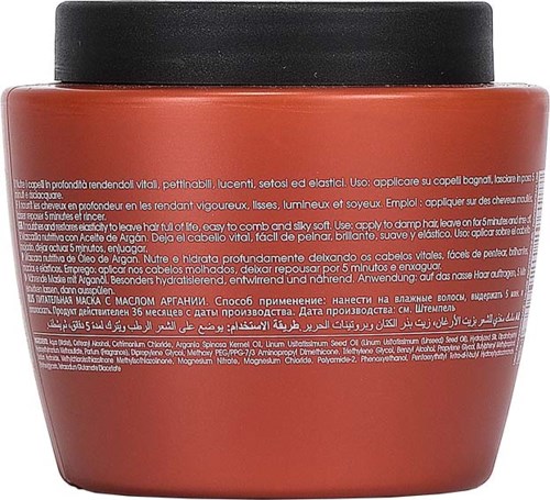 A red hair mask jar with black lid, filled with hair care product, and detailed instructions in multiple languages.