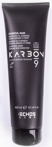Svart tub med kolmask innehållande vit text, varumärke ECHOS LINE, 300 ml, för spänd och stressad hud, utan silikon eller parabener.