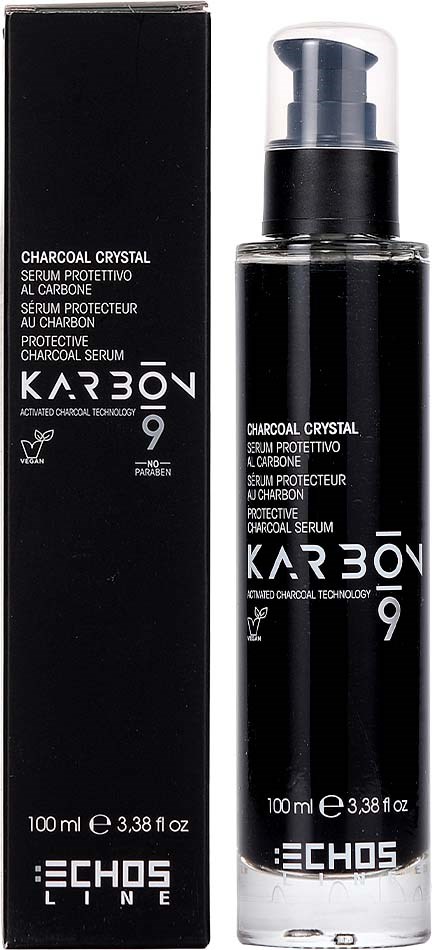 En svart och vit låda och en flaska karbonskyddsserum med pump, märkt 'Karbov 9' och 'Echos Line'.