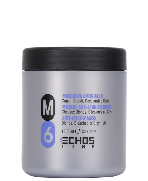 This is a container of anti-yellow mask for blonde or grey hair, with 1000 ml capacity and black lid.