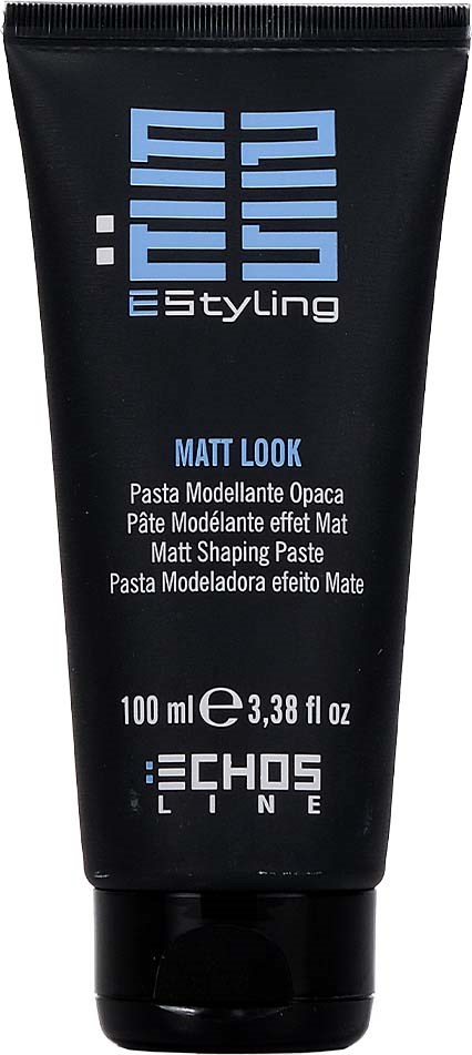 En svart tub med Echos Line Matt Look modellering pasta med blå och vita text.