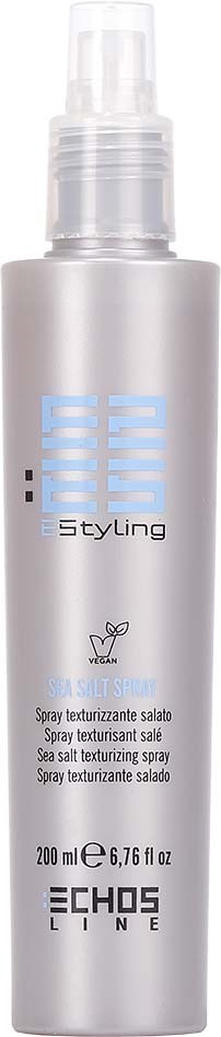 A silver spray bottle with a clear cap, labeled with blue text and logo, containing 200ml of styling spray.