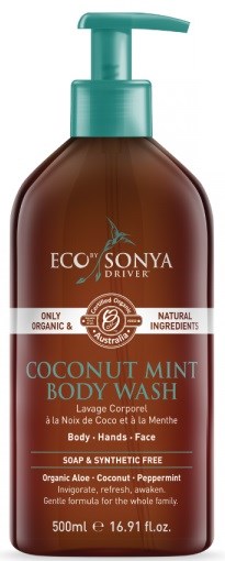 En brun flaske med Eco av Sonya driver kokosnøtt-mynte kroppsvask med grønn pumpe, merket for kropp, hender og ansikt.