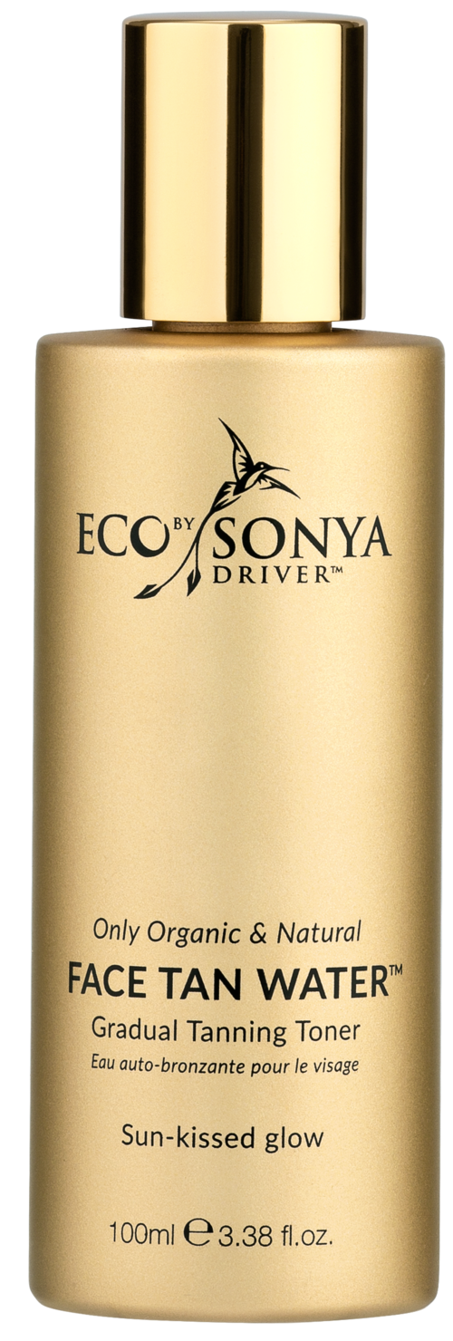 Eine goldene Sprühflasche mit Eco by Sonya Driver Gesichtsbräunungswasser für sonnengeküsste Haut.