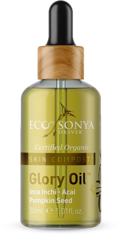 En lille glasflaske med pipette, mærket som økologisk Glory Oil med græskarkerne, acer og inka inchi.