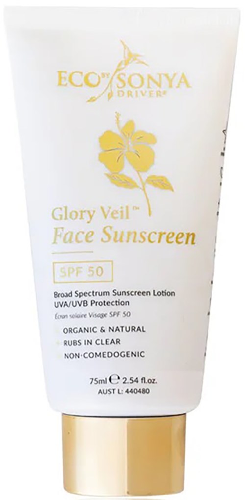 Weisse Tube mit goldener Kappe, Eco Sonya, SPF 50 Gesichts Sonnencreme, bio, natürlich, breitbandiger Schutz.