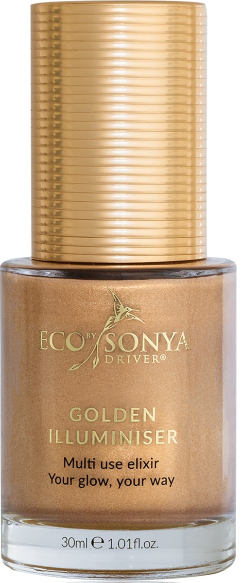 EcoSonya Golden Illuminiser -pulloa, joka lisää hehkua iholle, kultainen korkki ja beige neste sisällä.