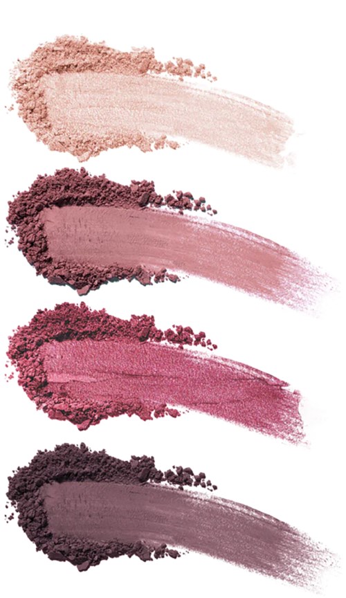 Vier verschiedene Töne von rosa und lila Make-up-Puder sind vertikal aufgetragen.