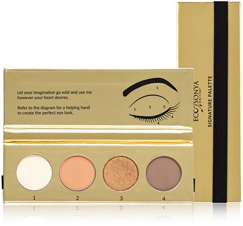 Ein goldenes Make-up-Palette mit vier runden Farben, einer Anleitung und einer Augendiagramm.