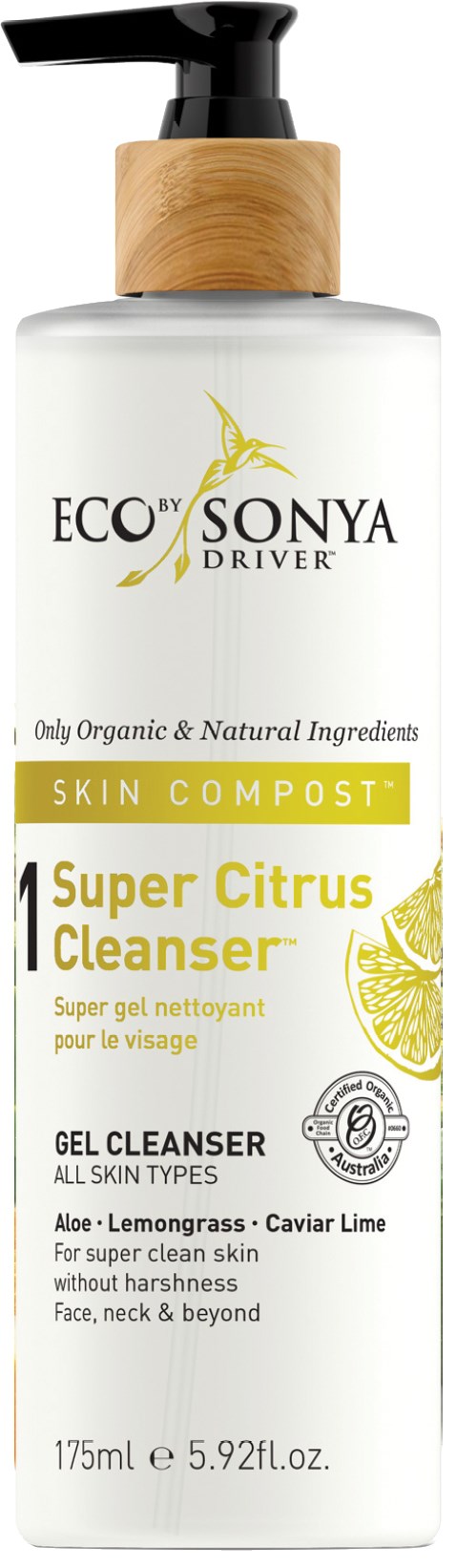 A white bottle with a black pump, wooden top, and yellow label. It is Eco Sonya Skin Composts Super Citrus Cleanser.