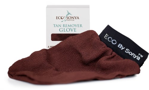 En brun handskar med svart band som det står 'ECO by Sonya'. En låda bakom visar att handskan är för att ta bort solbränna.