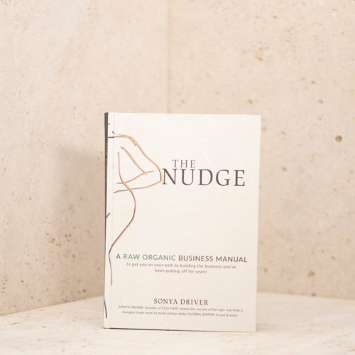 En hvit bok på en marmorgulv med tittelen 'The Nudge' og en enkel linjediagram på forsiden.