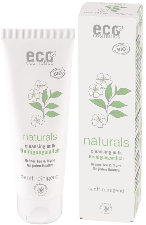En vit tube och box med ECO cosmetics naturlig rengöringsmjölk med grön te och fläder, mild och för alla hudtyper.