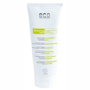 Eine weiße Tube mit grüner und schwarzer Schrift, bezeichnet als 'eco' und 'Moisturizing Lotion', ein Hautpflegeprodukt.