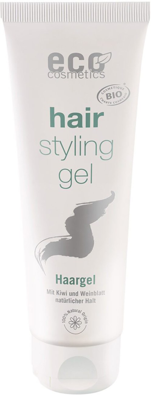 En vit tub märkt Eco Cosmetics hår stylinggel, med en silhuett av en kvinnas hår i en lock.