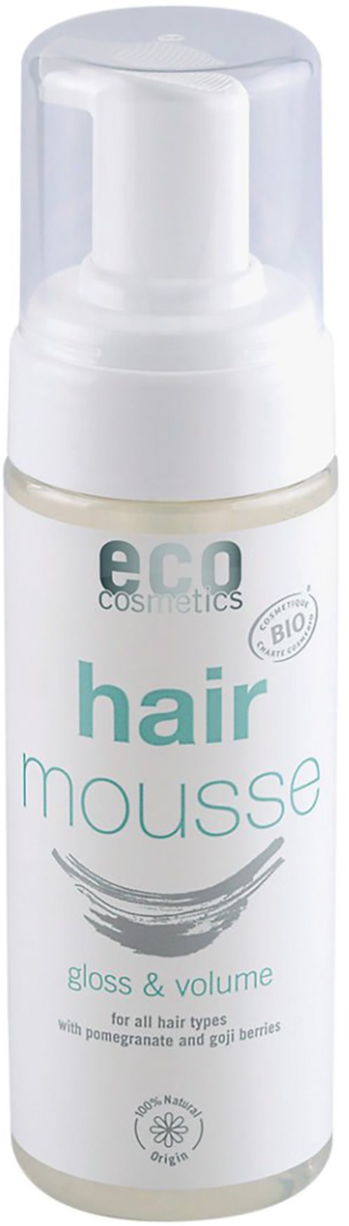 Valkoinen pumppupullo, jossa lukee 'eco cosmetics hair mousse gloss & volume', hiusten muotoiluun.