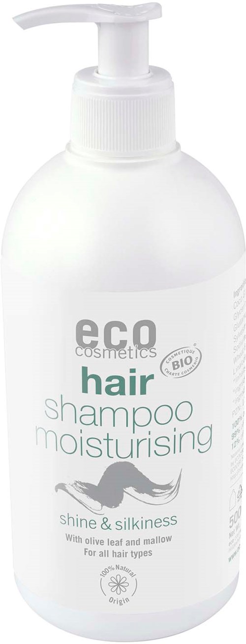 En hvid flaske med eco cosmetics hårshampo med pumpe, fremmer fugtighed, glans og silkeagtighed til alle hårtyper.