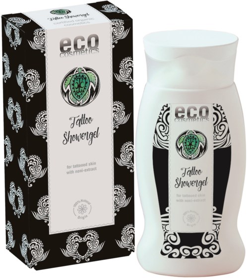Eco cosmetics Tätowierungs-Duschgel mit schwarzem und weißem Musterflasche und Verpackung, grünes Logo und Beschreibungstext.